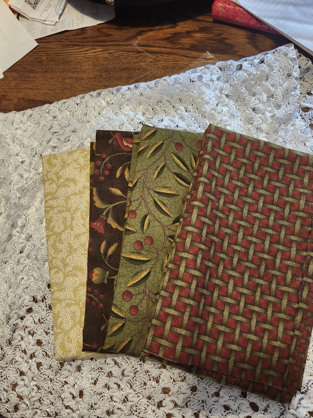 Moda Green and Brown Cotton Fabric with Red Berry Print Four Designs Total 4Yard